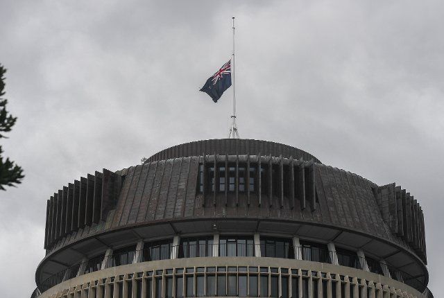 (210410) -- WELLINGTON, April 10, 2021 (Xinhua) -- New Zealand national flag flies at half-mast on top of Beehive, the parliament building of New Zealand, to show condolences over death of Britain\