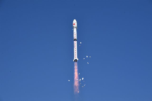 (210430) -- JIUQUAN, April 30, 2021 (Xinhua) -- A Long March-4C rocket carrying Yaogan-34 satellite blasts off from the Jiuquan Satellite Launch Center in northwest China on April 30, 2021. China successfully sent a new remote sensing satellite, Yaogan-34, into space from the Jiuquan Satellite Launch Center in northwest China at 3:27 p.m. Friday (Beijing Time). The Yaogan-34 satellite was carried by a Long March-4C rocket and successfully entered its planned orbit. (Photo by Wang Jiangbo\/Xinhua