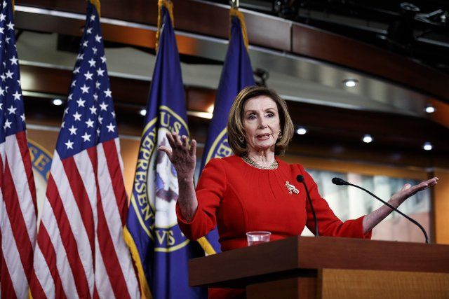 (210513) -- WASHINGTON, May 13, 2021 (Xinhua) -- U.S. House Speaker Nancy Pelosi speaks during her weekly press conference on Capitol Hill in Washington, D.C., the United States, on May 13, 2021. (Photo by Ting Shen\/Xinhua