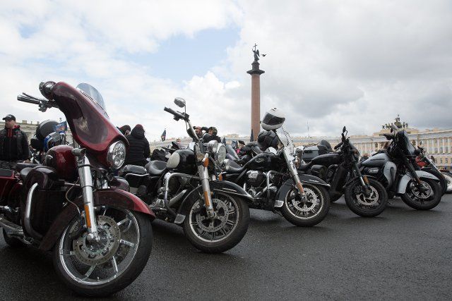 (210425) -- ST. PETERSBURG, April 25, 2021 (Xinhua) -- Motorcycles are seen in St. Petersburg, Russia, April 24, 2021. A gathering was held on Saturday to celebrate the start of motorcycle season in St. Petersburg as temperature rises. (Photo by Irina Motina\/Xinhua
