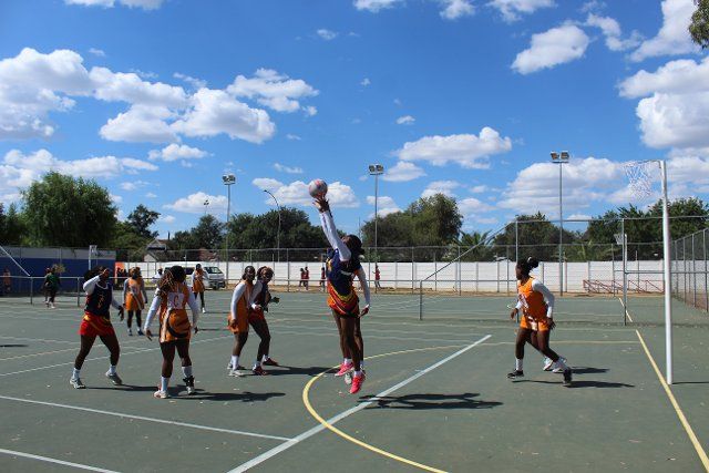 (210425) -- WINDHOEK, April 25, 2021 (Xinhua) -- Women play netball amid the COVID-19 pandemic in Windhoek, capital of Namibia, on April 24, 2021. (Photo by Musa C Kaseke\/Xinhua