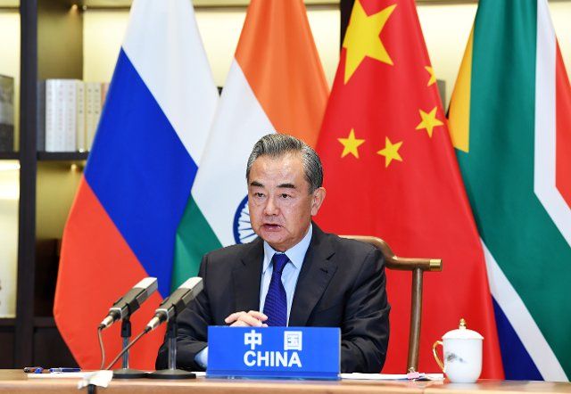 (210601) -- GUIYANG, June 1, 2021 (Xinhua) -- Chinese State Councilor and Foreign Minister Wang Yi attends a virtual meeting of foreign ministers of the BRICS countries, namely Brazil, Russia, India, China and South Africa, in Guiyang, capital of southwest China\