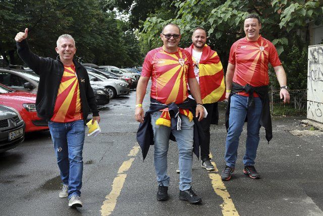 (210613) -- BUCHAREST, June 13, 2021 (Xinhua) -- Supporters of team of North Macedonia show up at street prior to the Group C match between Austria and North Macedonia in Bucharest, Romania, June 13, 2021. (Photo by Gabriel Petrescu\/Xinhua