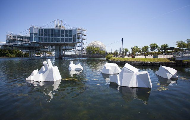 (210615) -- TORONTO, June 15, 2021 (Xinhua) -- The art installation Over Floe is seen at Ontario Place in Toronto, Canada, on June 15, 2021. Made of some waste construction materials by artist John Notten, the public art project Over Floe aims to illustrate the harm of human-caused global warming as ice sheets melt and oceans expand, threatening the way of life around the shorelines of the world. (Photo by Zou Zheng\/Xinhua