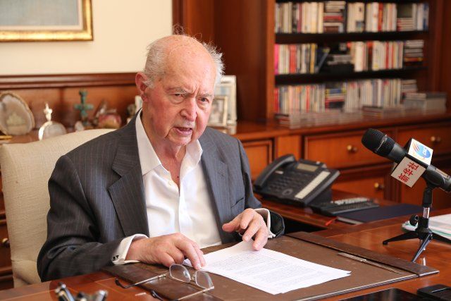 (210616) -- LIMASSOL, June 16, 2021 (Xinhua) -- George Vassiliou, former president of Cyprus, speaks in an interview with Xinhua in Limassol, Cyprus, April 27, 2021. TO GO WITH "Interview: CPC\
