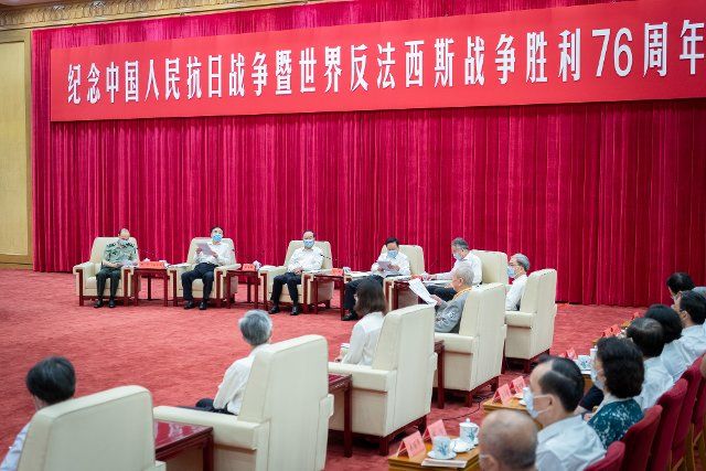 (210903) -- BEIJING, Sept. 3, 2021 (Xinhua) -- Huang Kunming, a member of the Political Bureau of the Communist Party of China (CPC) Central Committee and head of the Publicity Department of the CPC Central Committee, attends a symposium commemorating the 76th anniversary of the victory of the Chinese People\