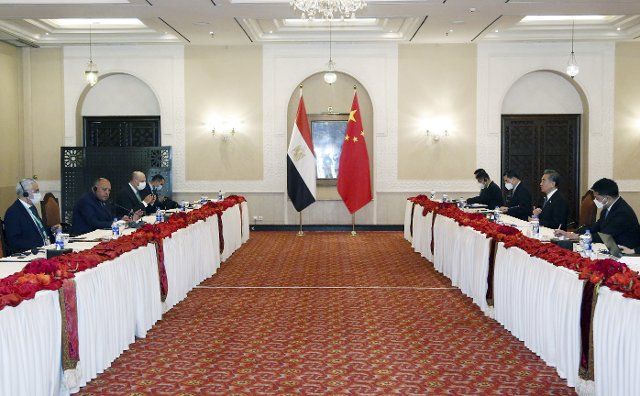 (220322) -- ISLAMABAD, March 22, 2022 (Xinhua) -- Chinese State Councilor and Foreign Minister Wang Yi (2nd R) meets with Egyptian Foreign Minister Sameh Shoukry (2nd L) in Islamabad, capital of Pakistan, on March 22, 2022. (Xinhua\/Ahmad Kamal