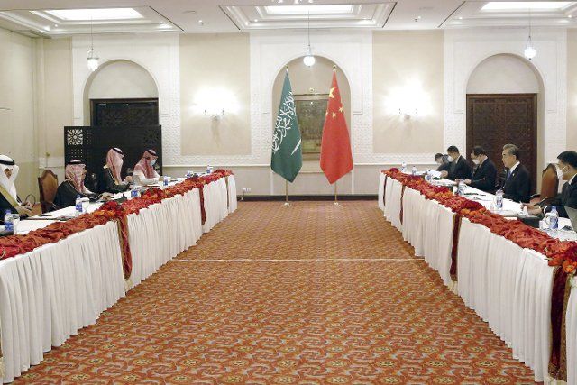 (220323) -- ISLAMABAD, March 23, 2022 (Xinhua) -- Chinese State Councilor and Foreign Minister Wang Yi (2nd R) meets with Saudi Arabian Foreign Minister Prince Faisal bin Farhan Al Saud in Pakistani capital Islamabad, where Wang is attending the 48th session of the Council of Foreign Ministers of the Organization of Islamic Cooperation, on March 22, 2022. (Xinhua\/Ahmad Kamal