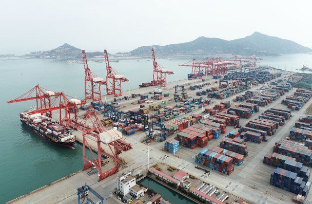 (220307) -- LIANYUNGANG, March 7, 2022 (Xinhua) -- Aerial photo taken on March 7, 2022 shows containers at Lianyungang Port in east China\