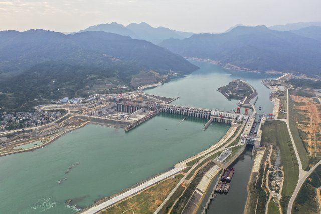 (220312) -- NANNING, March 12, 2022 (Xinhua) -- Aerial photo taken on March 11, 2022 shows the Dateng Gorge water conservancy project in Guiping, south China\