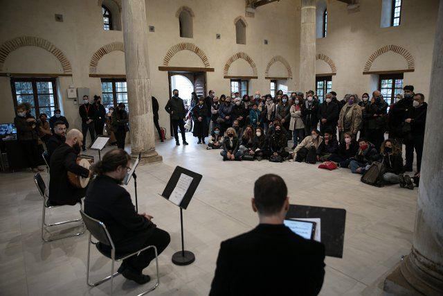 (220420) -- ATHENS, April 20, 2022 (Xinhua) -- Musicians perform in the Fethiye Mosque during the first Sacred Music Festival in Athens, Greece, on April 19, 2022. The first Sacred Music Festival takes place at 17 landmarks in Athens from April 18 to April 20. (Photo by Lefteris Partsalis\/Xinhua