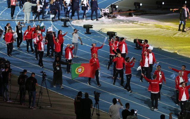 (220626) -- ORAN, June 26, 2022 (Xinhua) -- The delegation of Portugal parades into the Oran Olympic Stadium during the opening ceremony of the 19th Mediterranean Games in Oran, Algeria, June 25, 2022. (Xinhua