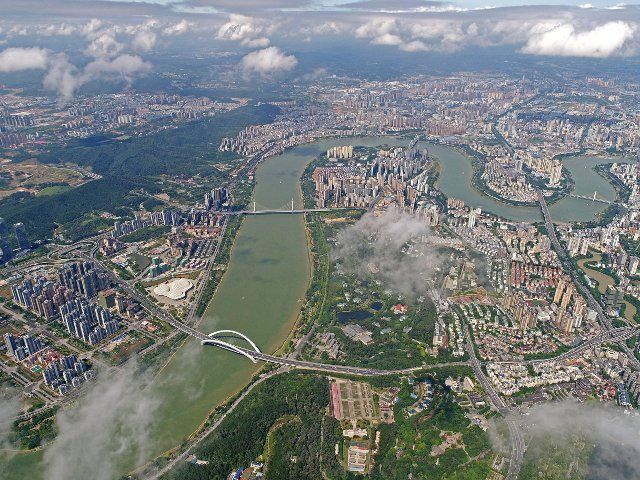 (220701) -- NANNING, July 1, 2022 (Xinhua) -- Aerial photo taken on July 1, 2022 shows the scenery of Yongjiang River in Nanning, south China\