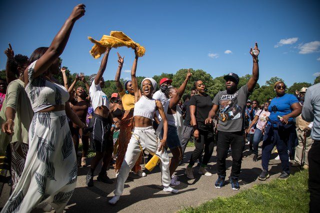 (220620) -- NEW YORK, June 20, 2022 (Xinhua) -- People take part in a celebration of Juneteenth in Prospect Park in the Brooklyn borough of New York, the United States, June 19, 2022. Celebrated on June 19, the holiday marks the day in 1865 when Union Major General Gordon Granger issued General Order No. 3 in Galveston, Texas, emancipating the remaining enslaved people in the state. For enslaved Americans in Texas, freedom came two and a half years after President Abraham Lincoln issued the Emancipation Proclamation. (Photo by Michael Nagle\/Xinhua