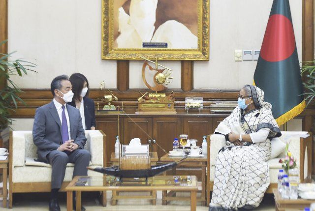 (220808) -- DHAKA, Aug. 8, 2022 (Xinhua) -- Bangladeshi Prime Minister Sheikh Hasina meets with visiting Chinese State Councilor and Foreign Minister Wang Yi in Dhaka, Bangladesh, Aug. 7, 2022. (Xinhua