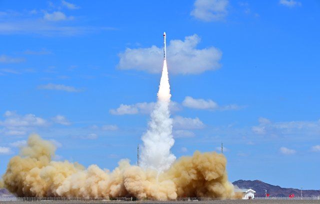 (220809) -- JIUQUAN, Aug. 9, 2022 (Xinhua) -- The CERES-1 Y3 carrier rocket carrying three satellites blasts off from the Jiuquan Satellite Launch Center in northwest China Aug. 9, 2022. The rocket blasted off at 12:11 (0411 GMT) from the launch site, sending three satellites into the planned orbit. The launch was the third flight mission of the CERES-1 rocket series. (Photo by Wang Jiangbo\/Xinhua