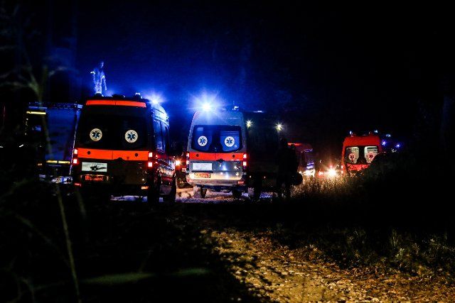 (220717) -- ATHENS, July 17, 2022 (Xinhua) -- Ambulances head for the site where a Ukrainian cargo airplane crashed, near Kavala city in northern Greece, on July 17, 2022. Ukrainian Foreign Ministry spokesman Oleg Nikolenko on Sunday confirmed reports that a Ukrainian cargo plane crashed overnight in northern Greece, killing all eight crew members on board. (Xinhua
