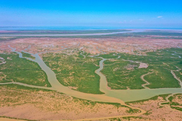(220819) -- DONGYING, Aug. 19, 2022 (Xinhua) -- Aerial photo taken on Aug. 17, 2022 shows the wetland at the Yellow River Delta National Nature Reserve in Dongying, east China\