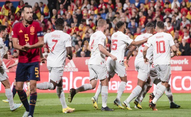 (220925) -- ZARAGOZA, Sept. 25, 2022 (Xinhua) -- Players of Switzerland (back) celebrate a goal during the League A Group 2 match against Spain at the 2022 UEFA Nations League in Zaragoza, Spain, Sept. 24, 2022. (Photo by Marcos Cebrian\/Xinhua