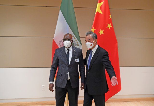 (220925) -- NEW YORK, Sept. 25, 2022 (Xinhua) -- Chinese State Councilor and Foreign Minister Wang Yi (R) meets with Equatorial Guinean Foreign Minister Simeon Oyono Esono Angue on the sidelines of the 77th session of the United Nations General Assembly in New York, the United States, Sept. 24, 2022. (Xinhua\/Li Rui