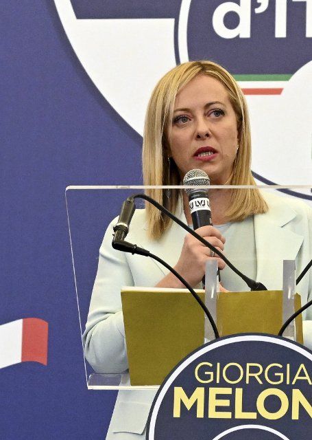 (220926) -- ROME, Sept. 26, 2022 (Xinhua) -- Giorgia Meloni, leader of the Brothers of Italy, delivers a speech in Rome, Italy, Sept. 26, 2022. A right-wing coalition is projected to win the elections held to renew the parliament in Italy on Sunday, showed projections based on partial results. (Photo by Alberto Lingria\/Xinhua