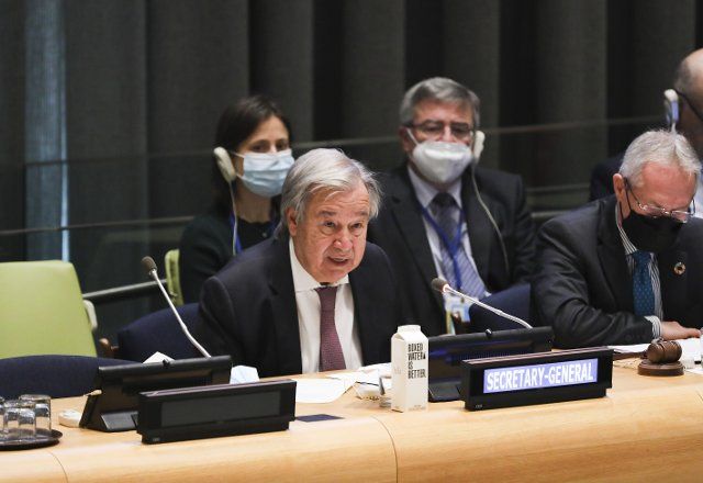 (220926) -- UNITED NATIONS, Sept. 26, 2022 (Xinhua) -- UN Secretary-General Antonio Guterres (L, Front) speaks at a UN General Assembly high-level meeting to commemorate and promote the International Day for the Total Elimination of Nuclear Weapons at the UN headquarters in New York, on Sept. 26, 2022. Guterres on Monday called for the use of every means to eliminate the nuclear threat. (Xinhua\/Wang Ying