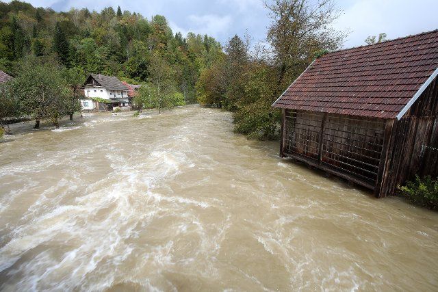 (220930) -- ZAGREB, Sept. 30, 2022 (Xinhua) -- A flooded area is seen after heavy rain in Brod na Kupi, Croatia, Sept. 29, 2022. (Goran Kovacic\/PIXSELL via Xinhua