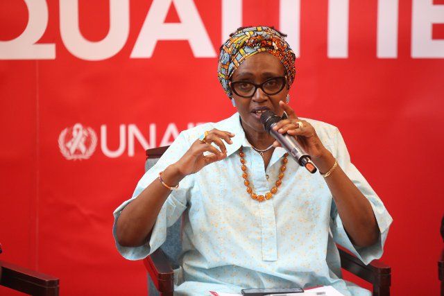 (221130) -- DAR ES SALAAM, Nov. 30, 2022 (Xinhua) -- Winnie Byanyima, Executive Director of the Joint United Nations Programme on HIV\/AIDS (UNAIDS), speaks during a conference in Dar es Salaam, Tanzania, on Nov. 29, 2022. TO GO WITH "UNAIDS report says inequalities undermining AIDS response" (Photo by Herman Emmanuel\/Xinhua