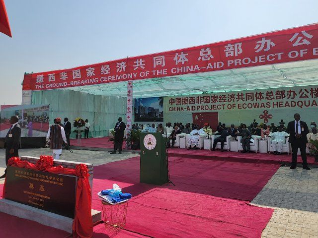 (221205) -- ABUJA, Dec. 5, 2022 (Xinhua) -- This photo taken on Dec. 4, 2022 shows a scene of the groundbreaking ceremony of the China-aided project of the headquarters of the Economic Community of West African States (ECOWAS) in Abuja, Nigeria. The China-aided construction of the permanent ECOWAS headquarters began on Sunday in Nigeria\