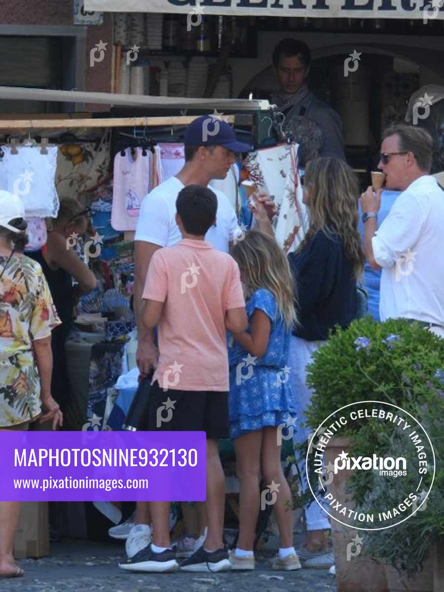 Gisele Bundchen and Tom Brady seen doing some shopping and getting an ice-cream in Portofino with their children Benjamin Rein and John Edward Thomas Moynahan