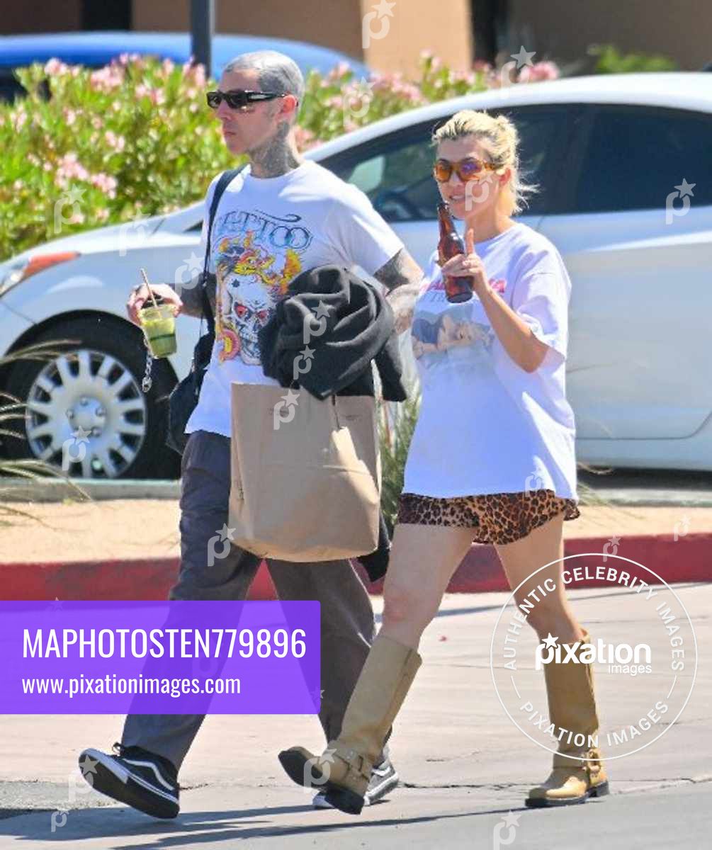 Kourtney Kardashian and Travis Barker head out for lunch at a vegan restaurant in Palm Desert after celebrating their first anniversary